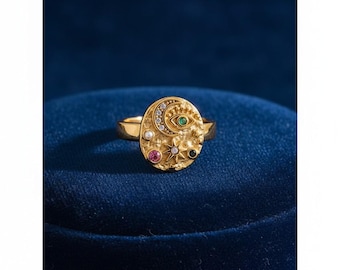 Anillo Ojo Celestial Anillo Sol Luna Estrella Oro Anillo Ojo Turco Anillo Llamativo Joyería Astrológica Boho Acero Inoxidable Regalo para Mujer