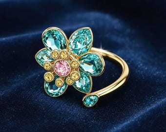 Anillo ajustable de circonita con forma de flor, anillo floral dorado llamativo, anillo abierto de cristal rosa y verde, lindo regalo para mujer.