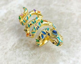 Anillo de serpiente boho, anillo envolvente de serpiente dorada, anillo llamativo de esmalte colorido, joyería gótica boho, regalo ajustable para mujer.