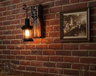 Aplique de pared rústico industrial de madera, lámpara de pared tipo farol vintage, luminaria para bar, pasillo o loft de estilo rústico.