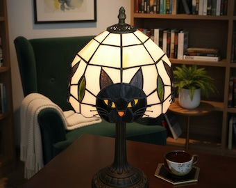 Lámpara de mesa estilo Tiffany con gato negro, lámpara de mesita de noche vintage de vidrieras, linda lámpara de escritorio con forma de gato, decoración gótica para el hogar.