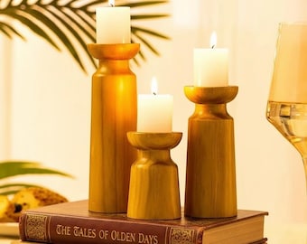 Juego de 3 portavelas de madera / Juego de candelabros rústicos de estilo granja / Decoración de mesa escandinava / Centro de mesa de boda de madera natural
