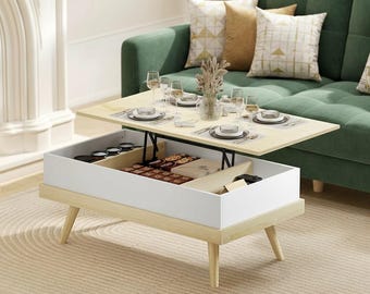 Mesa de centro elevable con almacenamiento oculto, mesa de centro moderna de mediados de siglo, mesa de salón de madera, color blanco natural.