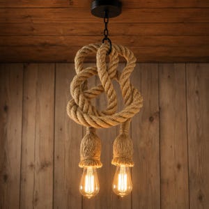 May include: A nautical-style pendant light made from thick rope, featuring a large knot design. Two Edison-style light bulbs hang below. The light is suspended from a black ceiling mount and chain. The background is a wooden wall, creating a warm, inviting atmosphere.