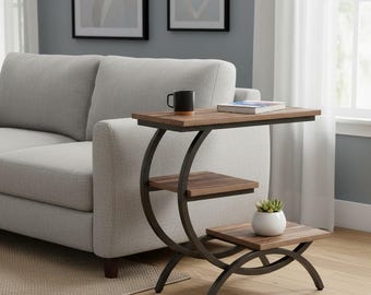 Mesita auxiliar industrial en forma de C, mesa auxiliar para sofá, mesa de aperitivos rústica de madera, mesa de noche de 3 niveles, muebles para espacios pequeños
