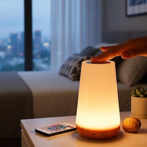 Puede incluir: Una lámpara de mesa cónica con pantalla blanca esmerilada y base de madera clara. La lámpara emite una luz cálida y suave y cuenta con una superficie superior táctil. Un pequeño mando a distancia rectangular con botones de colores está al lado.