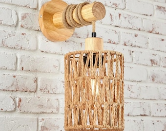 Aplique de pared estilo bohemio con cuerda de cáñamo, lámpara de pared rústica de madera, luz de mesita de noche para dormitorio estilo granja, luminaria de pared de ratán tejido.