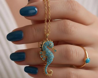 Collar con colgante de caballito de mar, acero inoxidable chapado en oro, turquesa y circonita cúbica, joyería marina, regalo para mujer, collar de playa.