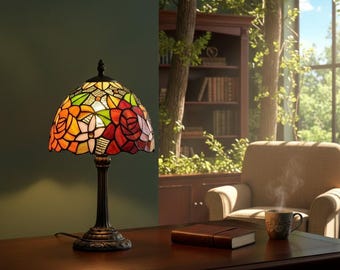 Lámpara de mesa de vidrieras estilo Tiffany, lámpara de mesita de noche floral vintage, luz de lectura colorida, decoración de escritorio retro.