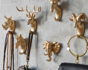 Gancho de pared con cabeza de animal: ciervo dorado, elefante, caballo, jirafa, rinoceronte. Soporte para llaves. Perchero decorativo de pared. Decoración rústica para el hogar.