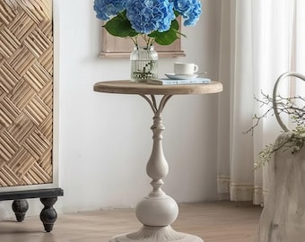 Mesa auxiliar redonda francesa vintage, mesa de centro rústica de madera, mesa auxiliar con pedestal estilo granja, mesa de centro para sala de estar.