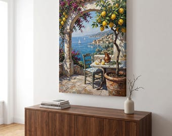 May include: A rectangular canvas wall art print depicting a Mediterranean coastal scene viewed through a stone archway. A potted lemon tree with bright yellow fruit stands beside a wooden chair and table, overlooking a blue sea with sailboats.