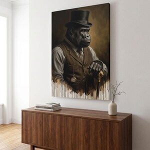 Steampunk Gorilla Canvas Print, Gentleman Ape Wall Art, Victorian Animal Portrait, Dapper Monkey Decor, Moody Office Art, Dark Academia Deco