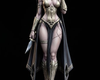 May include: A detailed figurine of a woman in gold and black armor, holding a dagger. The figure wears a stylized Anubis mask with blue accents. The armor includes a breastplate, arm guards, and greaves. A black cape drapes from the shoulders.