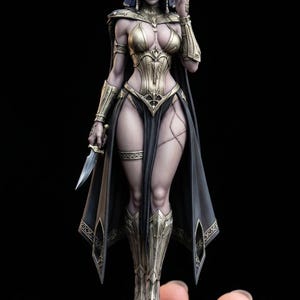 Könnte beinhalten: Detaillierte Figur einer Frau in goldener und schwarzer Rüstung, die einen Dolch hält. Die Figur trägt eine stilisierte Anubis-Maske mit blauen Akzenten. Die Rüstung umfasst einen Brustpanzer, Armschützer und Beinschienen. Ein schwarzer Umhang drapiert die Schultern.