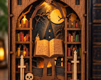 May include: A wooden diorama book nook featuring a library scene with shelves of colorful books, a central open book on a stand displaying a pentagram, a skull, and a moonlit background. The structure is illuminated with warm internal lighting.