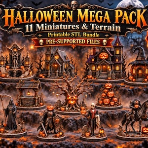 Puede incluir: Un paquete digital Halloween Mega Pack con 11 miniaturas y modelos de terreno STL imprimibles. La colección incluye edificios góticos, un árbol espeluznante, una parca, un jinete sin cabeza y decoraciones de calabaza con texto.