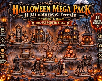 May include: A digital Halloween Mega Pack bundle featuring 11 printable STL miniatures and terrain models. The collection includes gothic buildings, a spooky tree, a grim reaper, a headless horseman, and pumpkin-themed decorations with text.