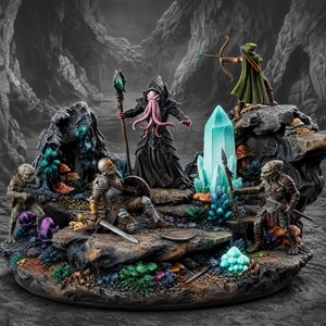 Puede incluir: Un diorama de miniaturas detallado con una figura central de azotamentes con túnica negra, un caballero con armadura plateada, un arquero con capa verde y una criatura con rifle, sobre una base rocosa con un cristal azul brillante.