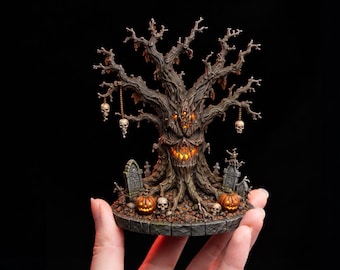 May include: A miniature brown tree sculpture with a menacing face, glowing orange eyes and mouth, hanging skull ornaments, and a base featuring tombstones, pumpkins, and scattered skulls. The detailed bark texture is dark brown with highlights.