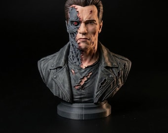 May include: A detailed bust of a human figure with a damaged face revealing mechanical components and a glowing red eye. The figure wears a distressed dark gray jacket with visible tears and rips, set against a solid black background.