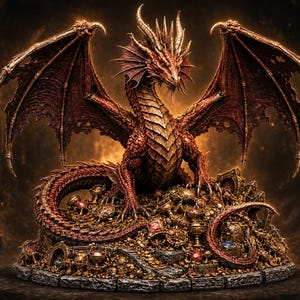 Puede incluir: Un gran dragón rojo detallado con alas texturizadas y cuernos afilados, posado sobre un enorme montículo circular de monedas de oro, cálices ornamentados y piedras preciosas, sobre una base de piedra circular de color oscuro.