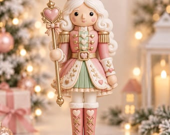 May include: A nutcracker figurine featuring a pink and white color palette with gold accents. The figure wears a crown with a heart, holds a heart-topped scepter, and stands on a circular base. The uniform includes heart motifs, gold epaulets, and tall boots.