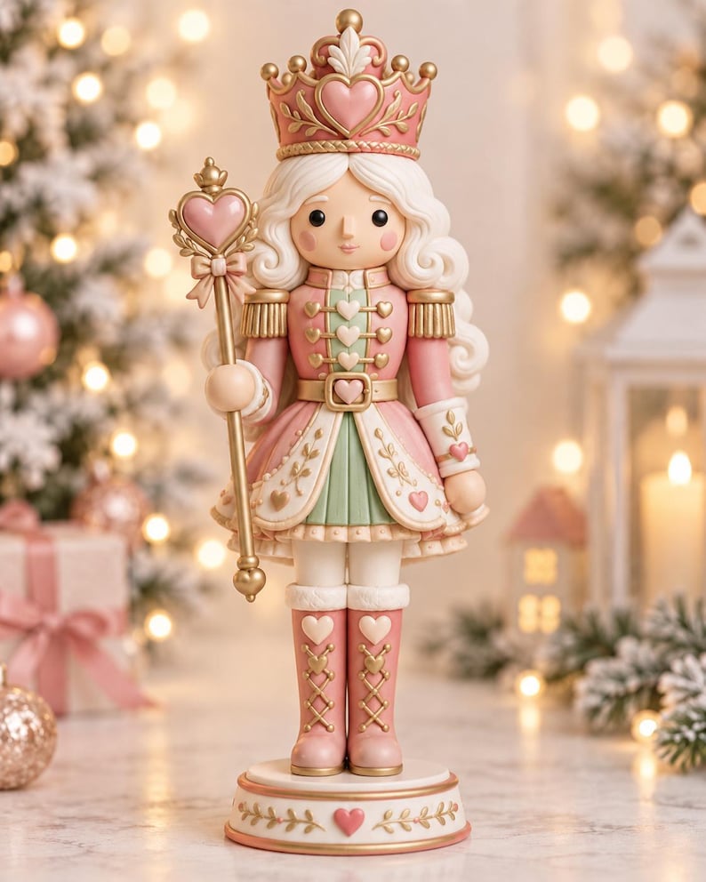 K&ouml;nnte beinhalten: Eine Nussknacker-Figur in Rosa und Wei&szlig; mit goldenen Akzenten. Die Figur tr&auml;gt eine Krone mit Herz, h&auml;lt ein Zepter mit Herzspitze und steht auf einem runden Sockel. Die Uniform ist mit Herzmotiven, goldenen Schulterst&uuml;cken und hohen Stiefeln verziert.