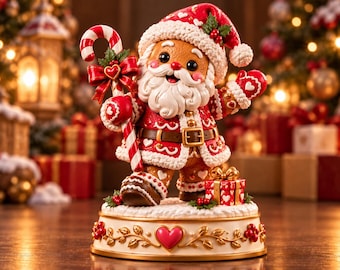 May include: A gingerbread-style Santa Claus figurine wearing a red coat with white trim and heart accents. The figure holds a candy cane and stands on a round base decorated with gold vines and a central red heart, next to a small gift box.