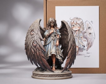 May include: A detailed figurine of a winged figure with a blindfold, wearing a layered dress and standing on a circular base. The figure has large, feathered wings adorned with multiple eyes. Beside it is a card featuring a matching illustration.