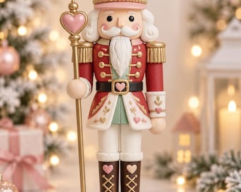 May include: A nutcracker figurine featuring a red uniform with gold accents, a tall hat with a pink heart emblem, and a white beard. The figure holds a gold staff topped with a pink heart and wears dark brown boots decorated with small pink hearts.