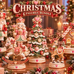 Puede incluir: Un conjunto de 6 figuras navideñas que incluye un cascanueces, una muñeca, un caballo balancín, un árbol decorado, un reno y una casa de jengibre. Cada figura presenta detalles en rosa y rojo con forma de corazón, adornos dorados y motivos festivos.