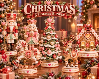 May include: A Christmas 6 figures bundle featuring a nutcracker, a doll, a rocking horse, a decorated tree, a reindeer, and a gingerbread house. Each figure is adorned with pink and red heart accents, gold detailing, and festive holiday motifs.