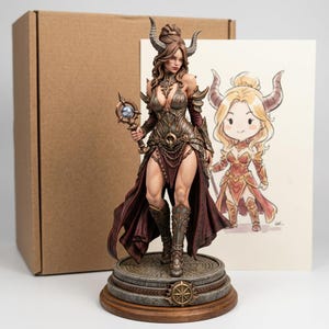 Peut inclure: Une figurine fantastique détaillée représentant un personnage à cornes portant une armure couleur bronze et une jupe rouge foncé. Le personnage tient un bâton avec un orbe brillant et se tient sur un socle en pierre. Une illustration est visible.
