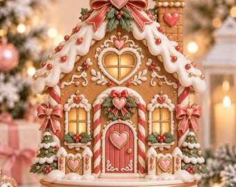 May include: A decorative gingerbread house figurine featuring a light-up interior, white icing details, red and pink heart accents, candy cane pillars, and a chimney. The structure sits on a circular base adorned with gold leaf vines and a pink heart.