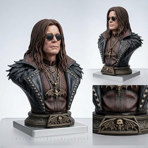 May include: A detailed bust sculpture of a man with long brown hair, wearing round sunglasses, and a black leather jacket with feather accents. The bust features intricate details, including a pendant necklace and a decorative base with a skull and bat wings.