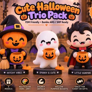 May include: A trio of 3D printed Halloween figurines featuring a pumpkin character in a witch hat, a white ghost with purple wings, and a vampire, each holding a small orange pumpkin bucket. The bases are labelled Witchy Vibes, Spooky & Cute, and Little Vampire.