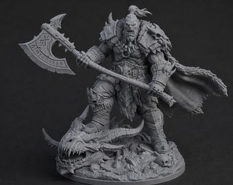 May include: A detailed gray figurine of a warrior with an axe, standing on a dragon's head. The warrior is clad in armor and a fur cloak. The axe has a rune design. The figurine is a fantasy-themed collectible.