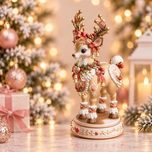 May include: A tan deer figurine standing on a circular base, adorned with gold antlers, pink heart accents, red bows, and green holly garlands. The deer features white fur trim on its neck and legs, with intricate gold and pink floral patterns.