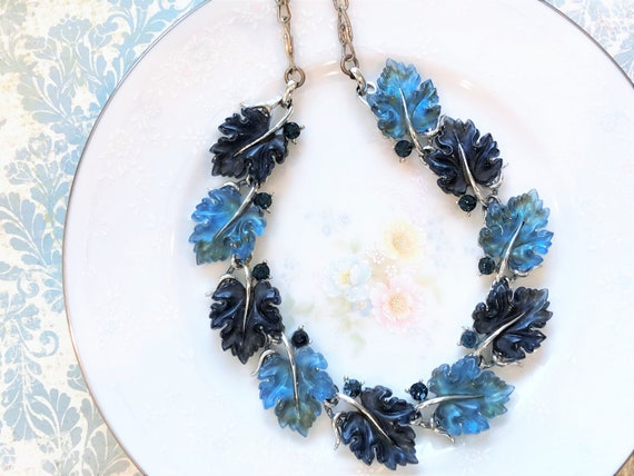 Vintage Lisner Blue Oak Leaf Moon Glow Lucite Ther