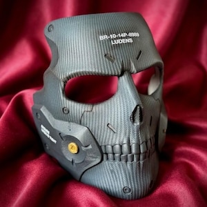 Op de afbeelding: Een donkergrijs schedelvormig masker met een koolstofvezeltextuur. Op het voorhoofd staat de witte tekst BR-10-14P-8989 LUDENS. Het masker heeft uitsparingen voor de ogen, een neusopening en een klein goudkleurig rond accent op het zijpaneel.