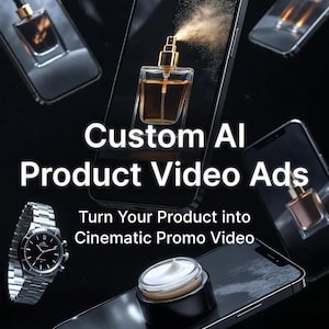Puede incluir: Un anuncio con smartphones que muestran productos como perfume, un reloj y crema. El texto dice "Custom AI Product Video Ads" y "Turn Your Product into Cinematic Promo Video."