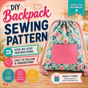 May include: A DIY backpack sewing pattern with step-by-step instructions. The image features a floral drawstring backpack with a pink pocket. Text includes "Beginner Friendly", "Instant Download", and "Practical & Stylish". The text also says "Make it Yours! Great for Gifts, Kids & Everyday Use."