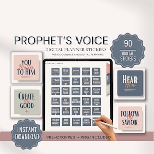 Op de afbeelding: Een set van 90 digitale plannerstickers getiteld PROPHET'S VOICE, met marineblauwe, kleikleurige en saliegroene vierkante iconen met inspirerende tekst. Bevat voorgesneden PNG-bestanden voor digitale planning op een tabletscherm.