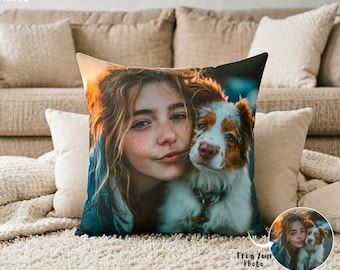 Cuscino personalizzato per animali domestici e padroni da foto / Cuscino personalizzato con foto / Ricordo commemorativo per animali domestici / Regalo con foto di cani e gatti / Cuscino per coppie con animali domestici