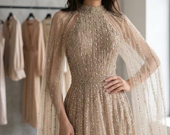 Suknia wieczorowa z cekinami w kolorze szampana, damska, ombre, halter, suknia balowa, luksusowa, przezroczysta peleryna, formalna sukienka na imprezę, elegancka suknia maxi