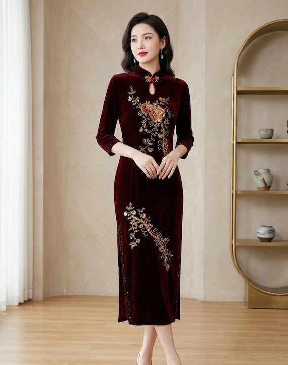 oriental long sleeve dress Chinese Dress Qipao for women cheongsam National dress girl wedding red long  sleeve long cheongsam dress