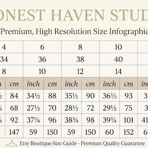 Może przedstawiać: Tabela rozmiar&oacute;w zatytułowana HONEST HAVEN STUDIO, Premium, High Resolution Size Infographic. Przedstawia rozmiary amerykańskie, europejskie i brytyjskie od 2 do 16, z wymiarami biustu, talii, bioder oraz długości w calach i centymetrach.
