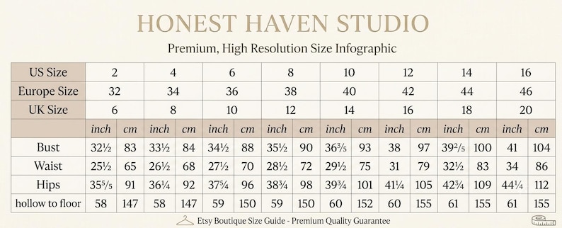 Może przedstawiać: Tabela rozmiar&oacute;w zatytułowana HONEST HAVEN STUDIO, Premium, High Resolution Size Infographic. Przedstawia rozmiary amerykańskie, europejskie i brytyjskie od 2 do 16, z wymiarami biustu, talii, bioder oraz długości w calach i centymetrach.