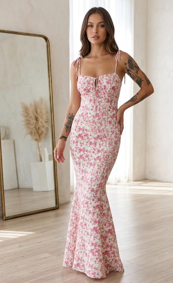 cute summer casual dresses Floral Backless Maxi Dress Women Lace Up Bodycon Dress Sleeveless Holiday Party Dress Elegant Vacation Outfit Stretch Women Clothing Ptorlio Womens Summer Maxi Dress